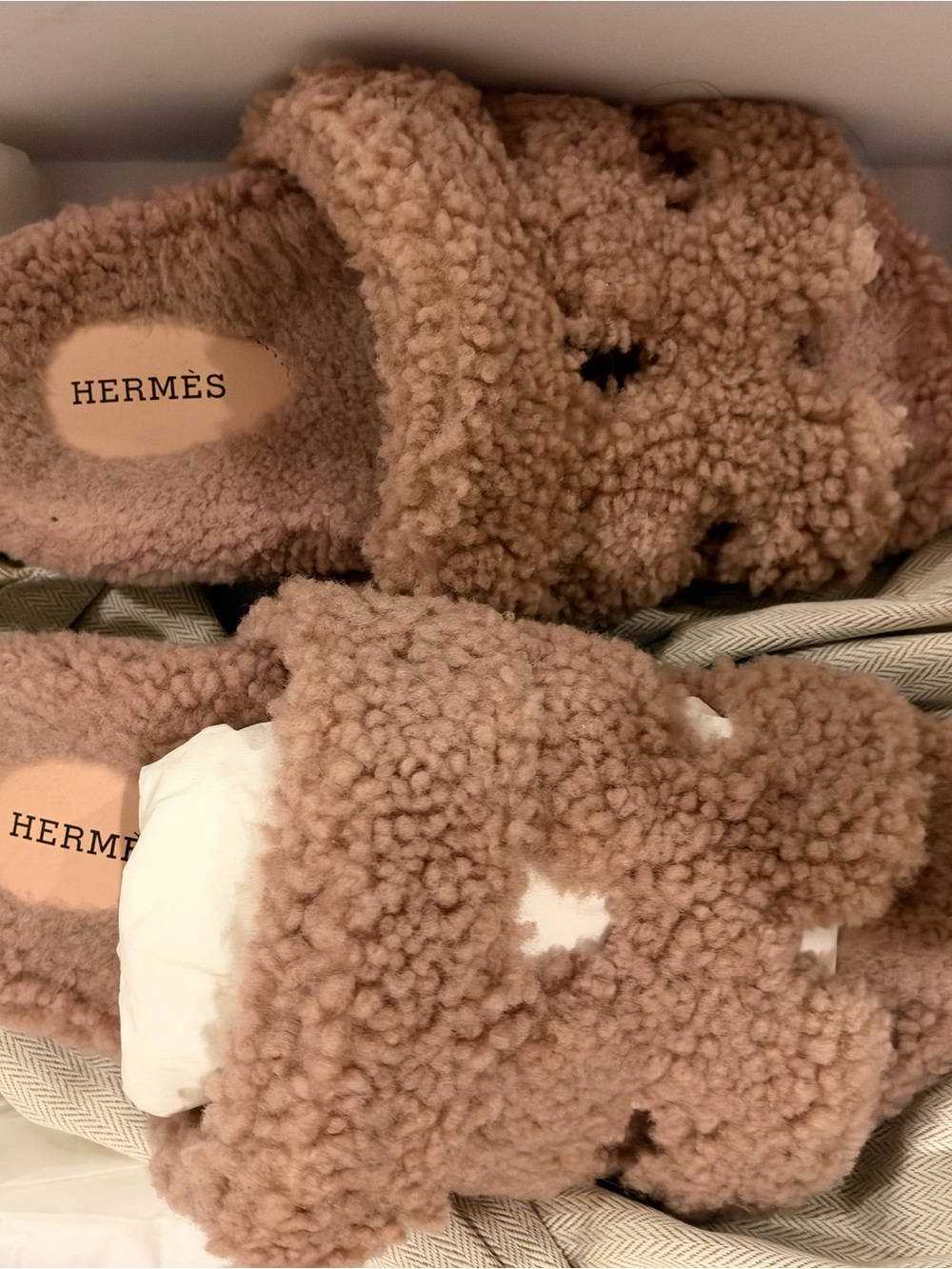Hermès Shearling Slide Sandals in Taupe